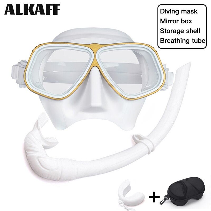 low volume free diving mask Alloy frame scuba diving equipment Snorkel goggles Toughened glass for free dive: White yellow suit