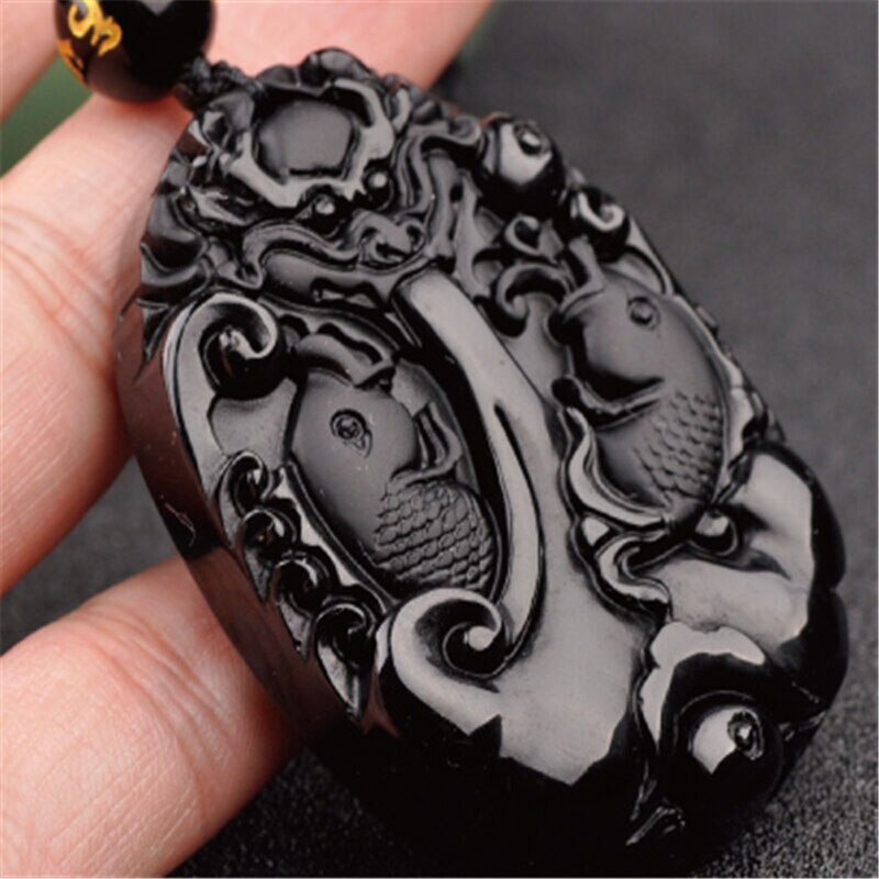 Natural Black Obsidian Drachen Anhänger Karpfen Fisch Perlen Halskette Charme Schmuck Zubehör Hand-Geschnitzt Amulett