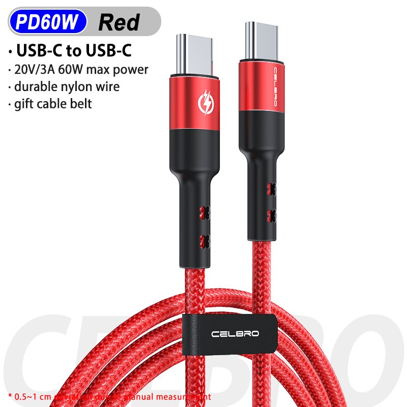 60w 3a usb type c kabel c naar c kabel usbc pd oplaadkabel voor samsung  s20 ultra note 20 s21 plus snel opladen 4+  snellader: Rode pd-kabel / 0.3m