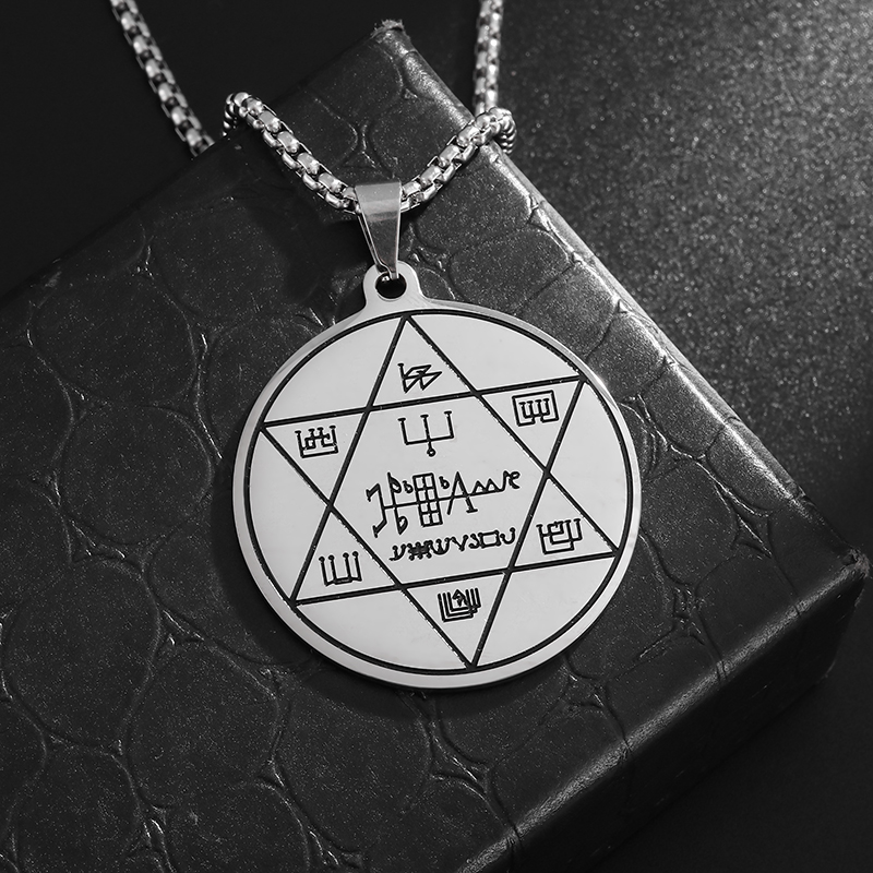 Collar con colgante de pentagrama de brujería misteriosa de acero inoxidable, amuleto de pentagrama con sello de salmón, joyería