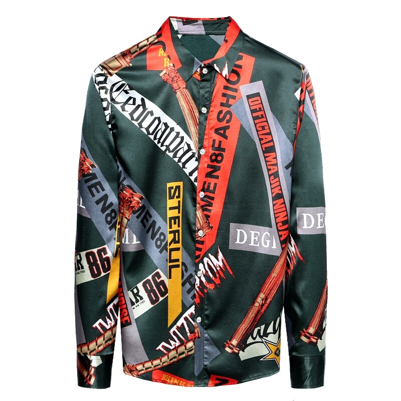 Man Patchwork Colors Silk Clothes Male Autumn Printing Silk Shirts Long Sleeve Satin Silk Dress