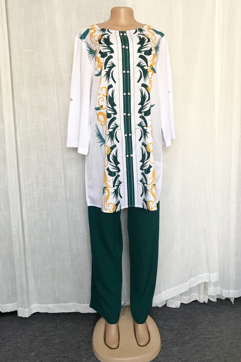 Two Piece Set Africa Clothes African Dashiki Flower Print Suit Top Trousers Super Elastic Party For Women Outfits: Green / XL