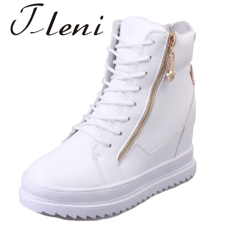 Spring and Autumn invisible height increase high women sports shoes flat bottom wedge side zipper sneakers walking shoes ZW-114: White / 6