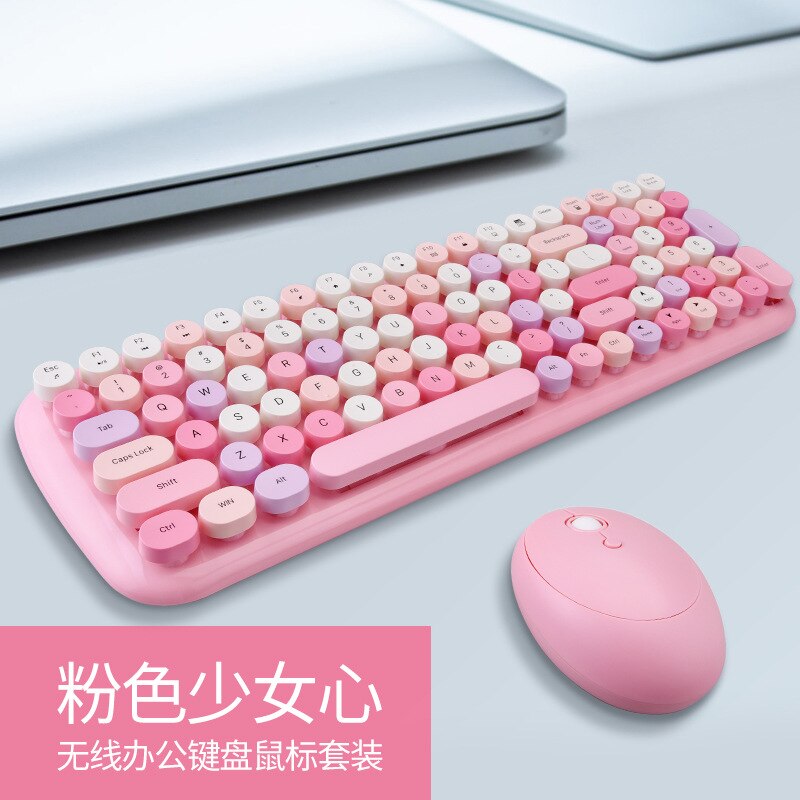 Wireless Keyboard Mouse Kit for Notebook with Free Mouse Pad 1600DPI Wireless Mouse Retro Punk Colorful 84 Round Keys Keyboard