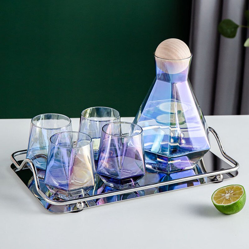 1.4L Geometrical Glass Pitcher with 4 Cups Borosilicate Water Carafe Teapot Tea Kettle Water Jug Drink Dispenser Colorful Clear
