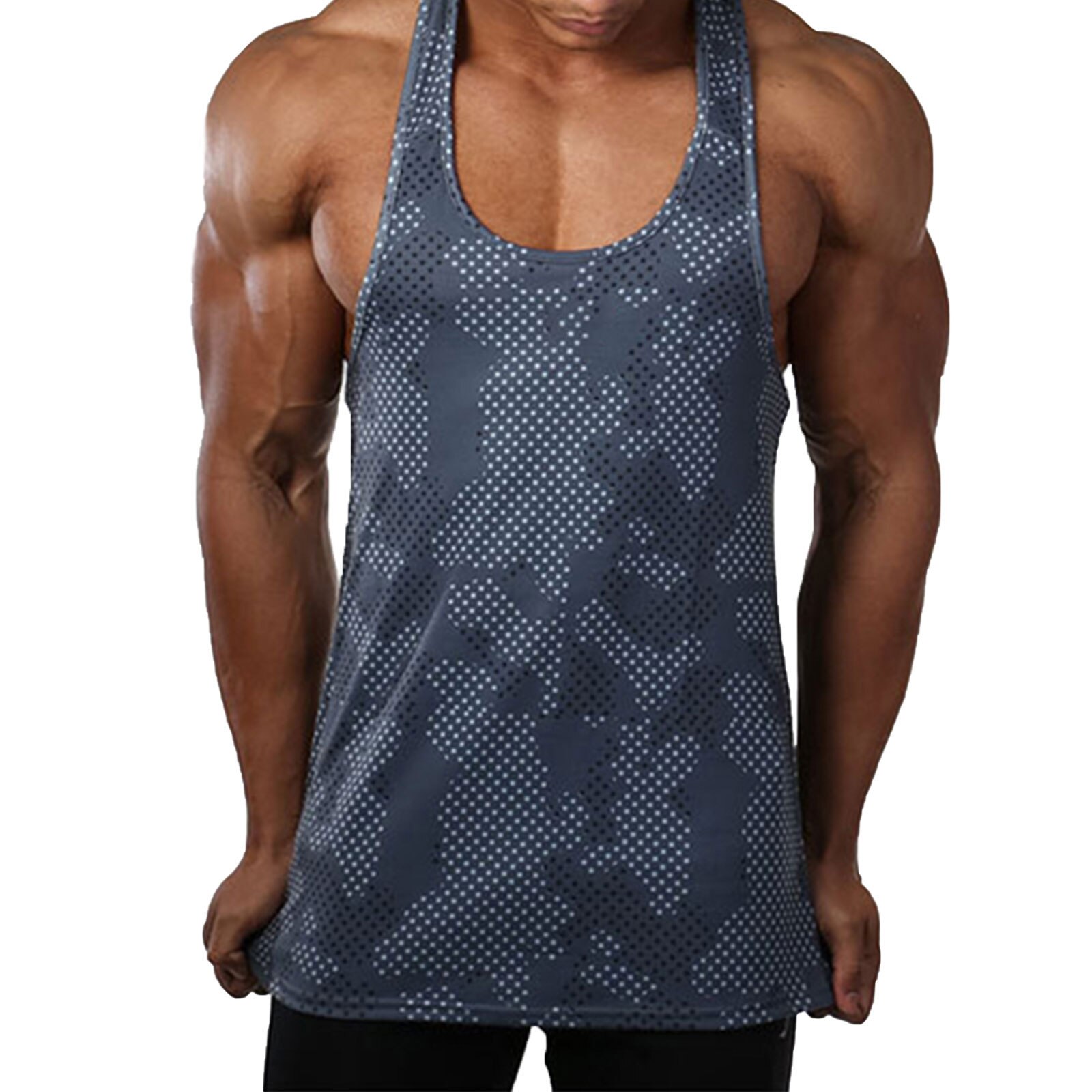 Gimnasio hombres sin mangas camiseta Tank Top camisas estampado de de algodón de culturismo Fitness entrenamiento chaleco camiseta interior Fitness: Azul / M
