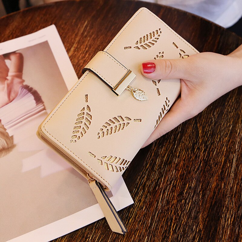 Leaves Hollow Women Wallet Soft PU Leather Women's Clutch Wallet Female Wallets Coin Card Purse: Khaki