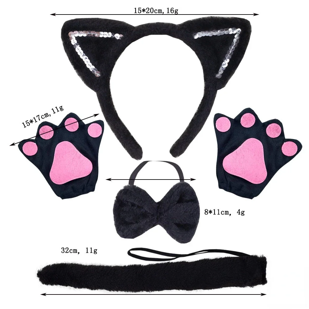 Diadema con orejas de gato con lentejuelas, falda tutú, pajarita, cola, conjunto de disfraz de Cosplay para Festival de Halloween, accesorio de uso diario