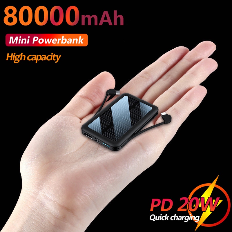 80000mah mini banco de energia móvel solar portátil carregamento rápido bateria externa vem com 2 cabos de carregamento iluminação led