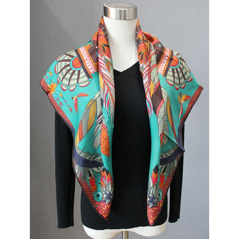 Foulard en soie sergé 100% pour hommes et femmes, 90x90cm, , Style Tribal aztèque, Double face, plume, châle, Hijab
