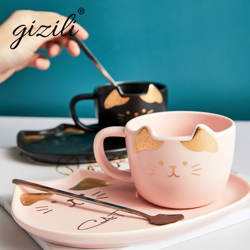 200ML Cartoon Ceramics Cat Mug Set With Saucers Spoon Coffee Milk Mugs Cute Breakfast Drinkware Birthday Porcelain