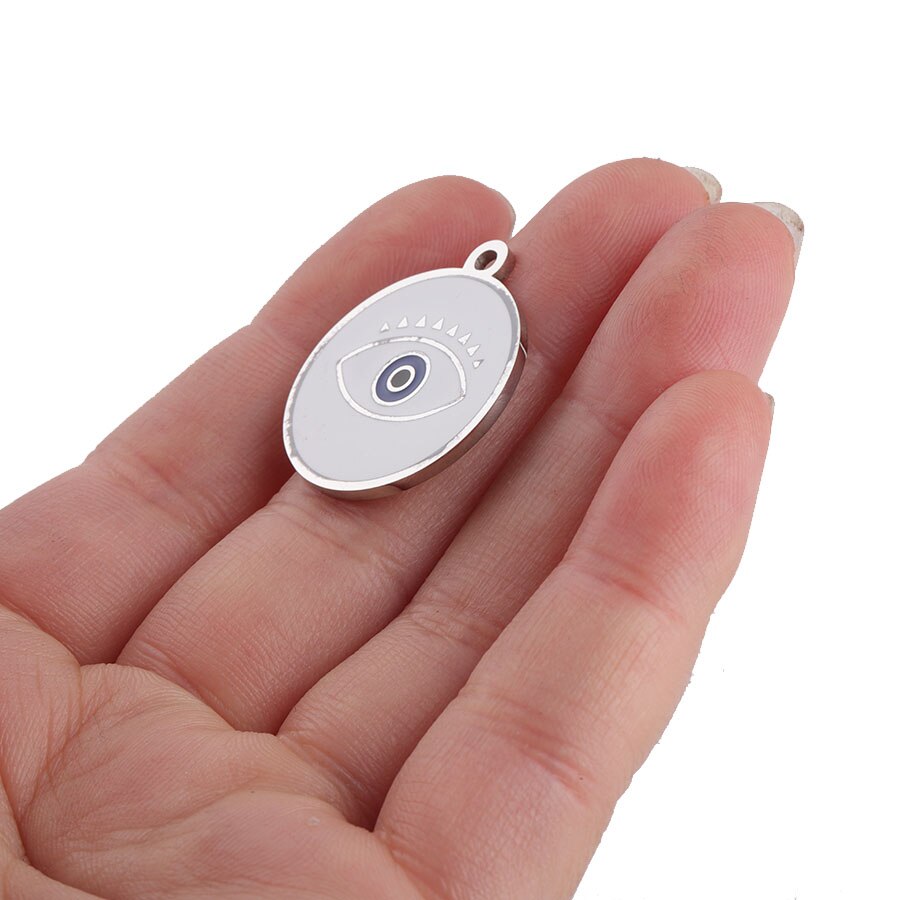 Fnixtar Enamel Round Evil Eye Charm Mirror Polished Stainless Steel Turkey Eye Charms For Jewelry Making 10pcs/lot: 001-white