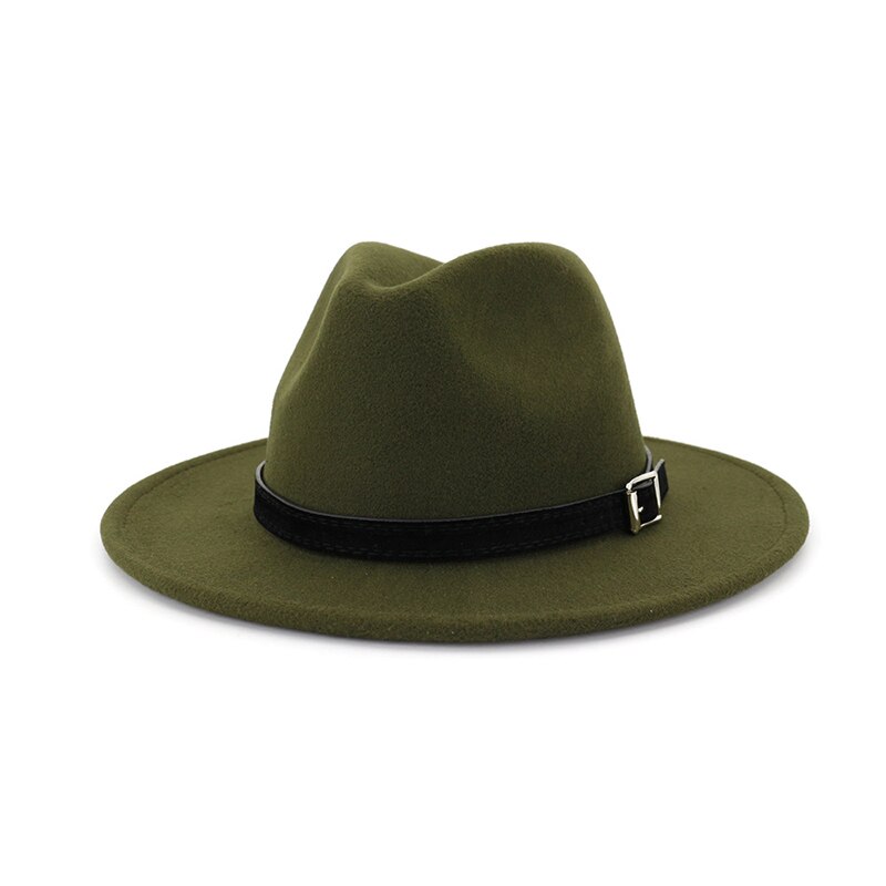 FS White Fedora Hat For Women Felt Hat With Belt Buckle Vintage Wool Wide Brim Jazz Cap Men Panama Hat 17 Colors: Army Green fedora
