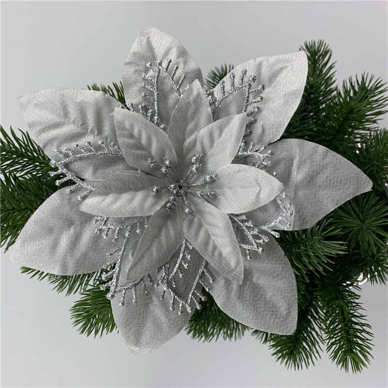 20cm/22cm butikk blomsterhode glitter kunstig silke blomst juletre ornament diy jul dekorasjon år dekor