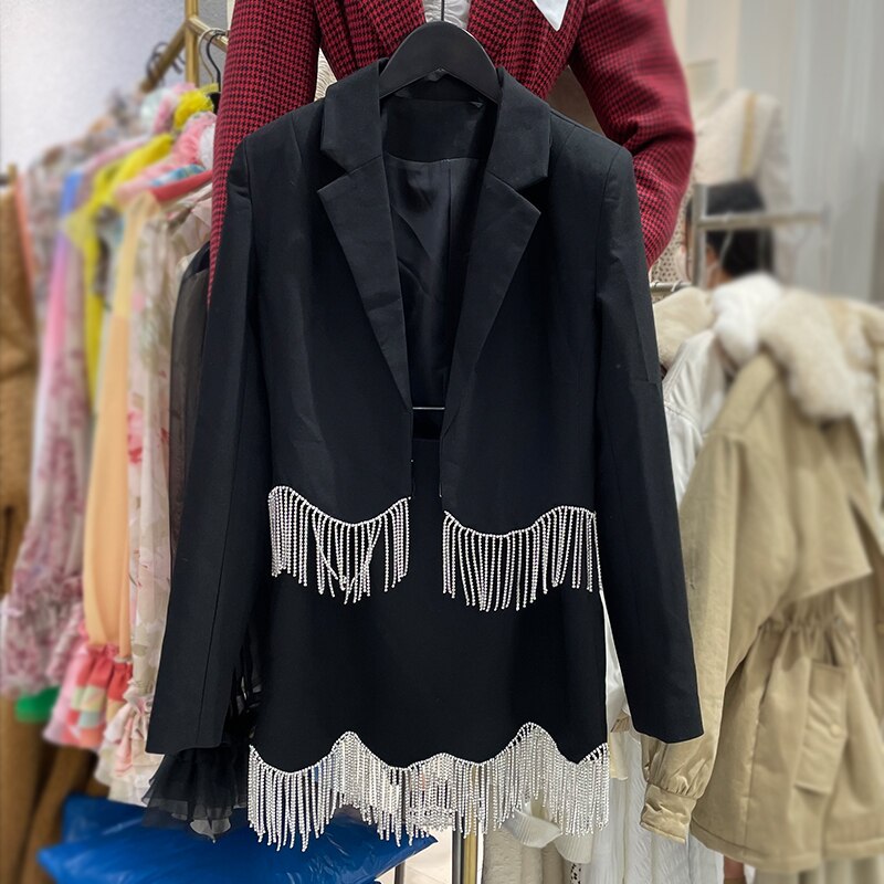 Lente/Herfst High-End Kralen Kwastje Elegante Vrouwen Outfit Lange Mouw Pak Tops + Sexy Jarretel jurk + Slim Mini Rok