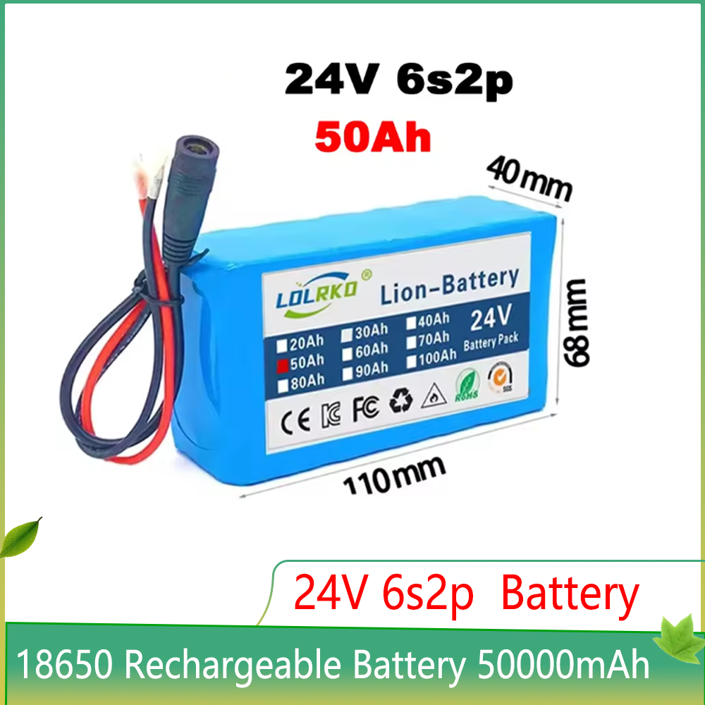 24V 50Ah 18650 Lithium Battery Pack - 6S2P 50000mAh Rechargeable Li-ion Battery with Fast Charger, Safe & Durable