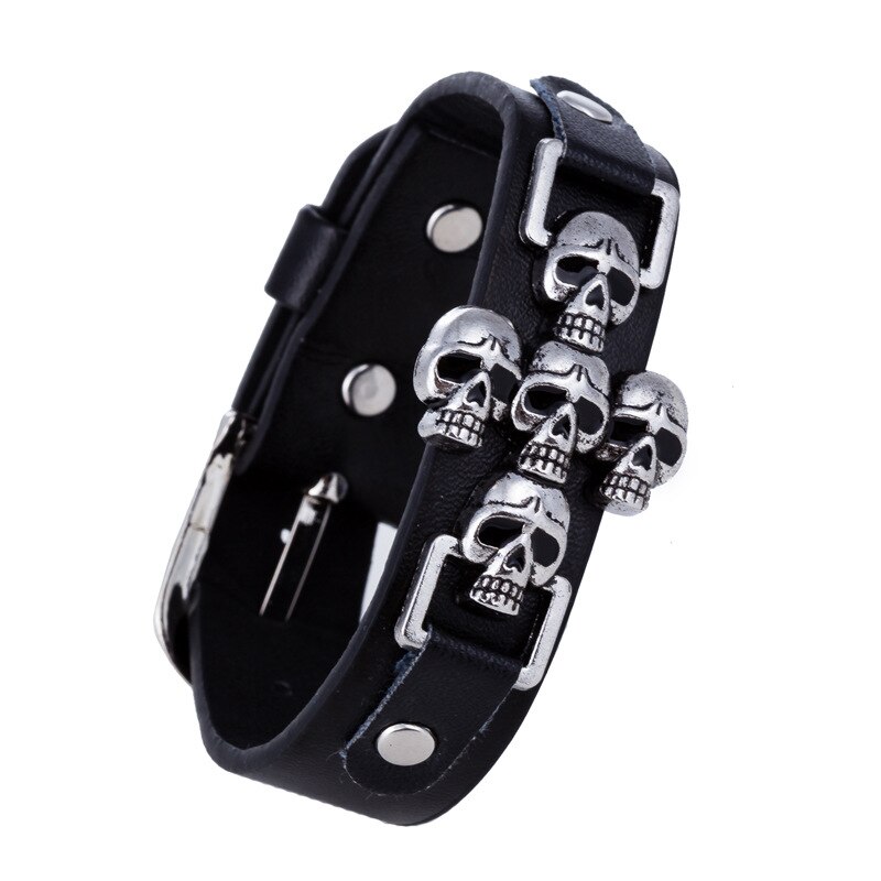 Pulsera con calavera y esqueleto Punk para hombre y mujer, brazalete con hebilla de cinturón de cuero, estilo gótico, Rock