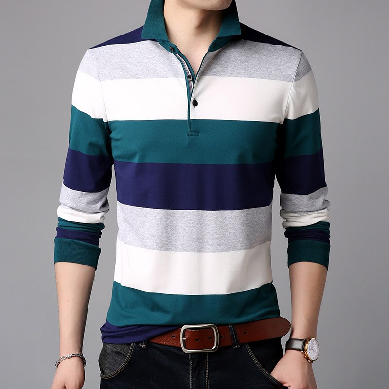 Mærker polo shirt herre stribet lange ærmer slim fit merceriseret bomuld poloshirt afslappet herre tøj: Søblå / M