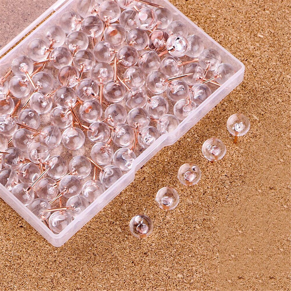 100 Stks/doos Transparant Rose Gold Kleur Push Pins Thumb Punaise Board Pins Tekening Foto Muur Studs Kantoor Schoolbenodigdheden