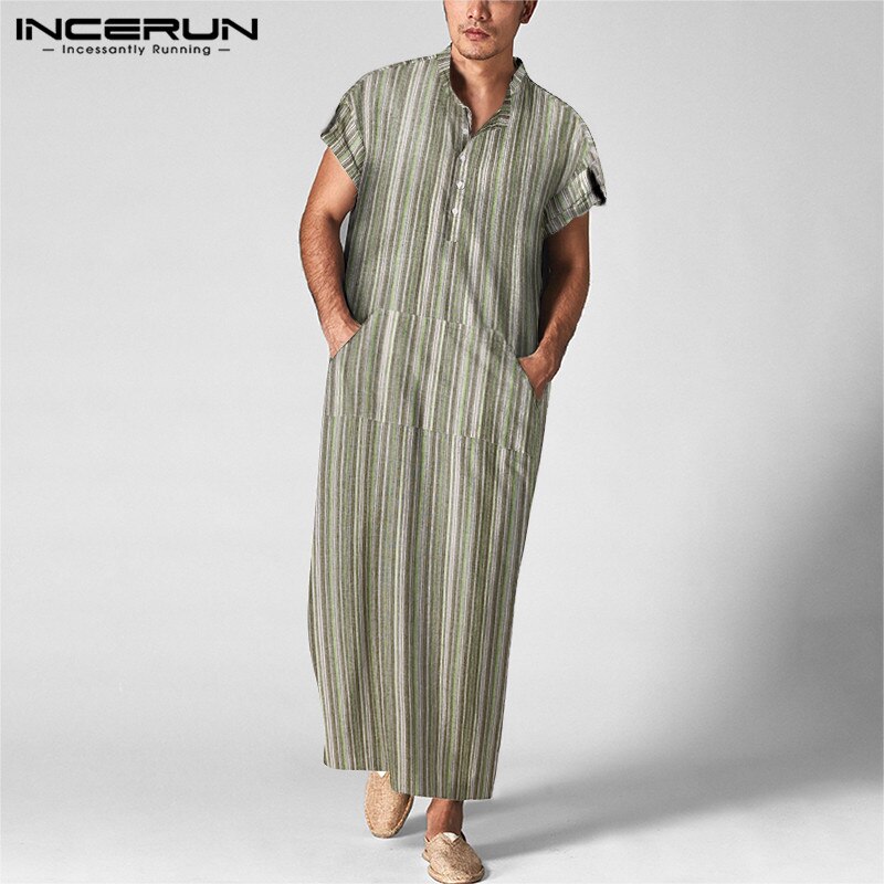 INCERUN Men Jubba Thobe Muslim Clothes Short Sleeve Striped Cotton Stand Collar Casual Robes Islamic Arabic Kaftan Abaya S-5XL