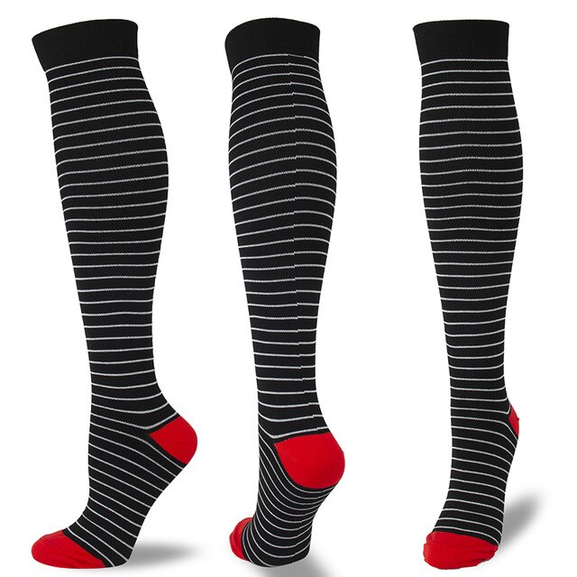 Calcetines deportivos de compresión para hombre y mujer, medias de presión graduadas con puntos coloridos, medias largas transpirables con soporte para piernas: QYS011-3 / L-XL