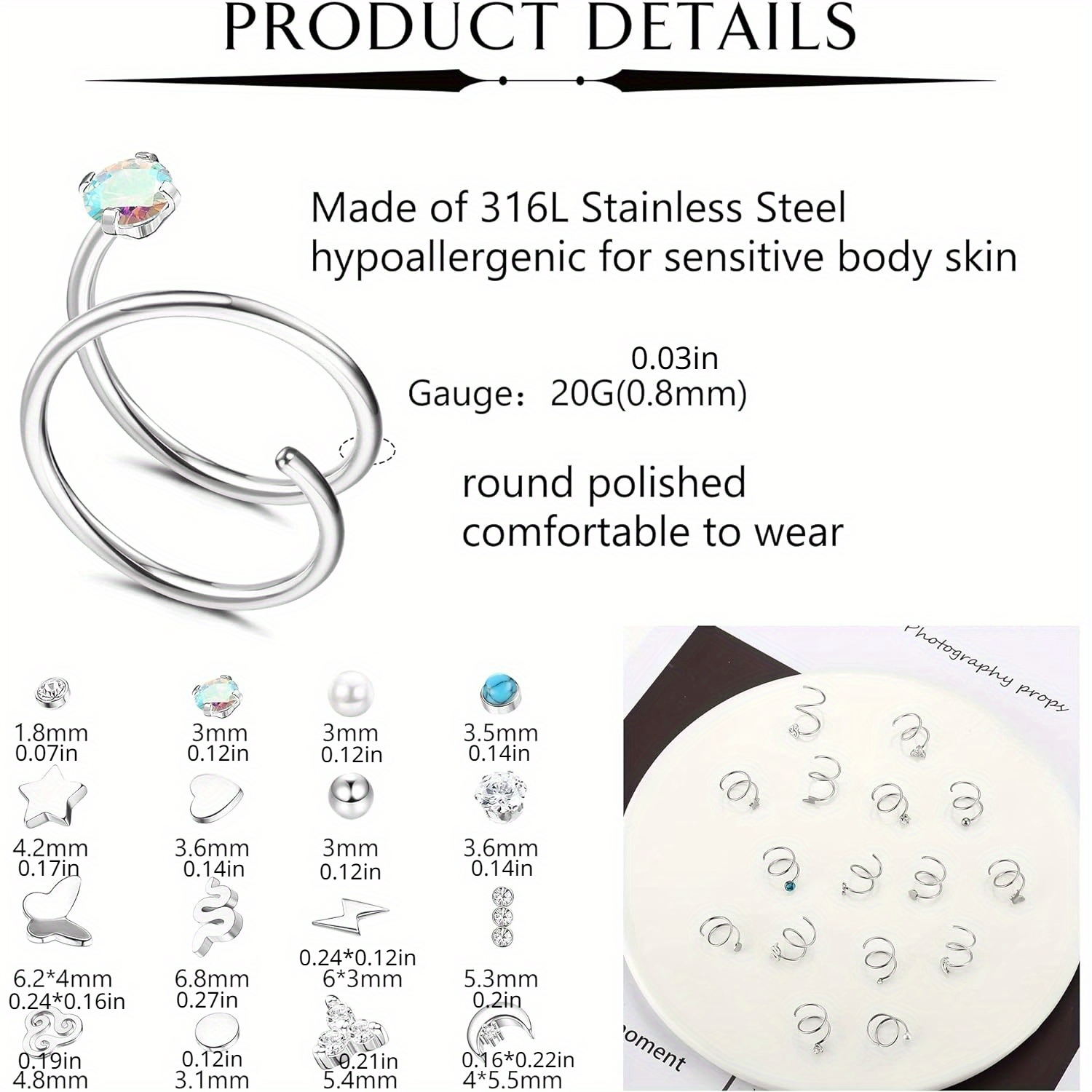Drperfect 20G Acero inoxidable doble nariz aro espiral Luna estrella mariposa serpiente pendientes de aro retorcidos para mujer