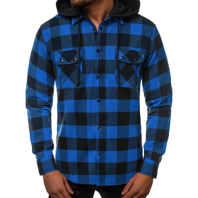 Puimentiua skjorta herr vårrutiga skjortor huva ytterkläder långärmad casual manlig chemise homme eu storlek