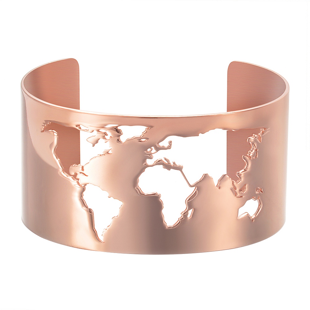 Reise Frieden Armreif Schmuck Edelstahl 35mm Breite Welt Karte Cut-out Feine Poliert Kreis Winkel Öffnende Armband SL-141: Rose Gold Farbe