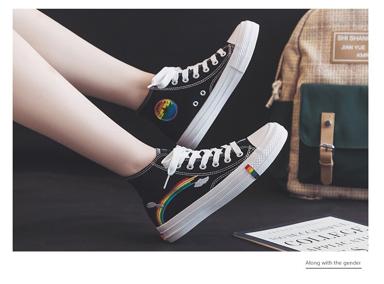 Wit Sneakers Hoge Schoenen Vrouwen Ademend Canvas Regenboog Zool Gevulkaniseerd Schoenen Lopen Jogging Casual Mode Platte Schoenen