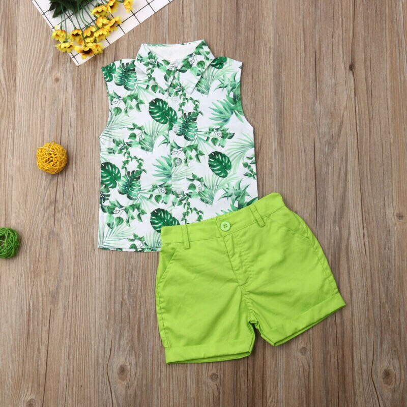2 stycken småbarn barn pojke kläder set små pojkar ärmlösa tryckta löv linne+korta byxor sommar outfit set