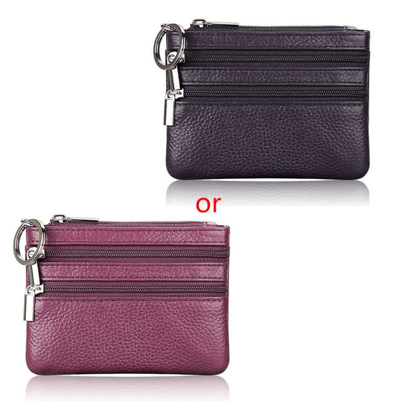 Monedero de cuero para mujer y hombre, Cartera de mano con doble cremallera, pequeño bolso de cambio: Purple