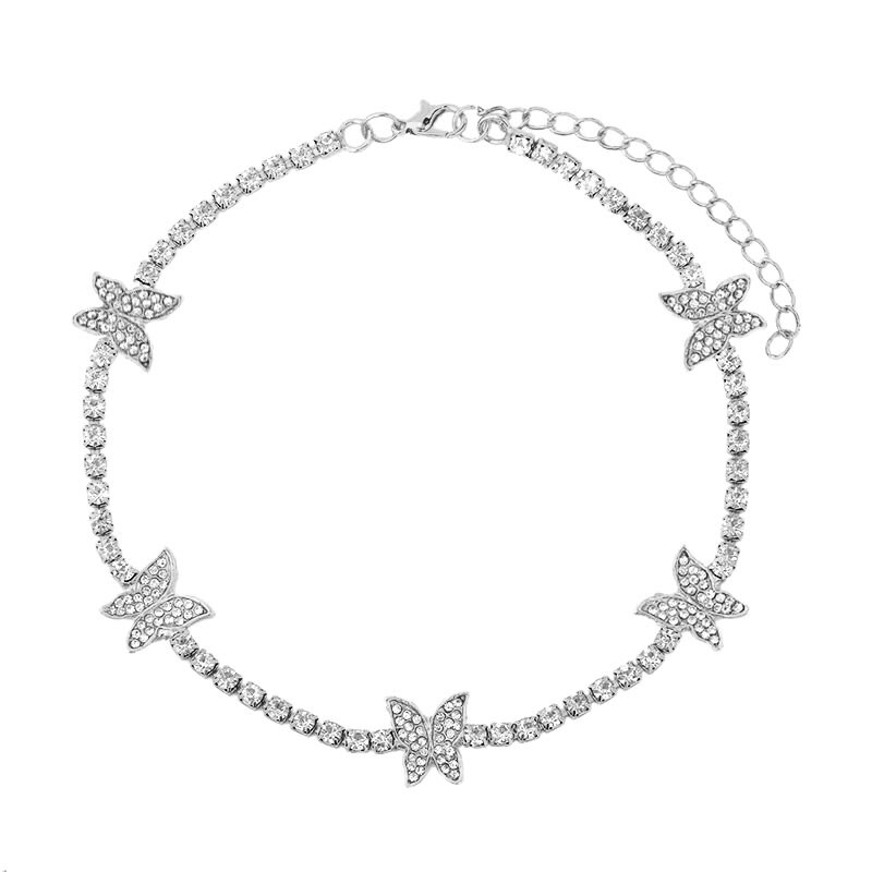 Luxury 1 Row Big Rhinestone Tennis Cuban Choker Necklace For Women Crystal Butterfly Charms Clavicle Chain Wedding Jewelry: 038101SL