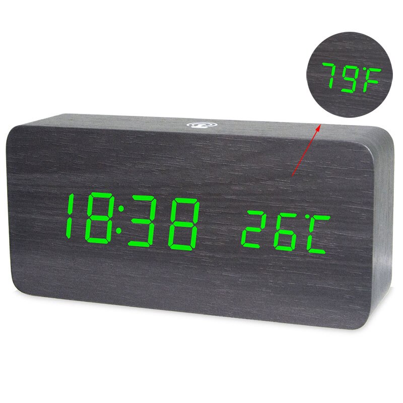 Led digital de madeira despertador app controle tempo temperatura data eletrônico desktop relógio usb bateria brilho controle de som