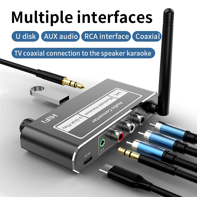 Receptor de Audio DAC HIFI con Bluetooth 5,2, convertidor Coaxial Digital a analógico de 3,5mm, AUX, RCA, micrófono, adaptador inalámbrico ESTÉREO