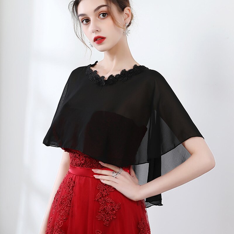 Cape en mousseline de soie pour femmes, châle doux et léger pour mariée, col rond, longue tenue de soirée: Black