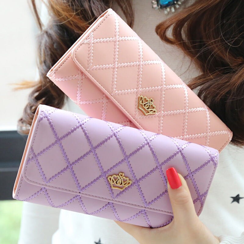 Lady Women Leather Bifold Wallet Clutch Card Holders Purse Lady Long Handbag Metal Crown Solid Smart Wallet