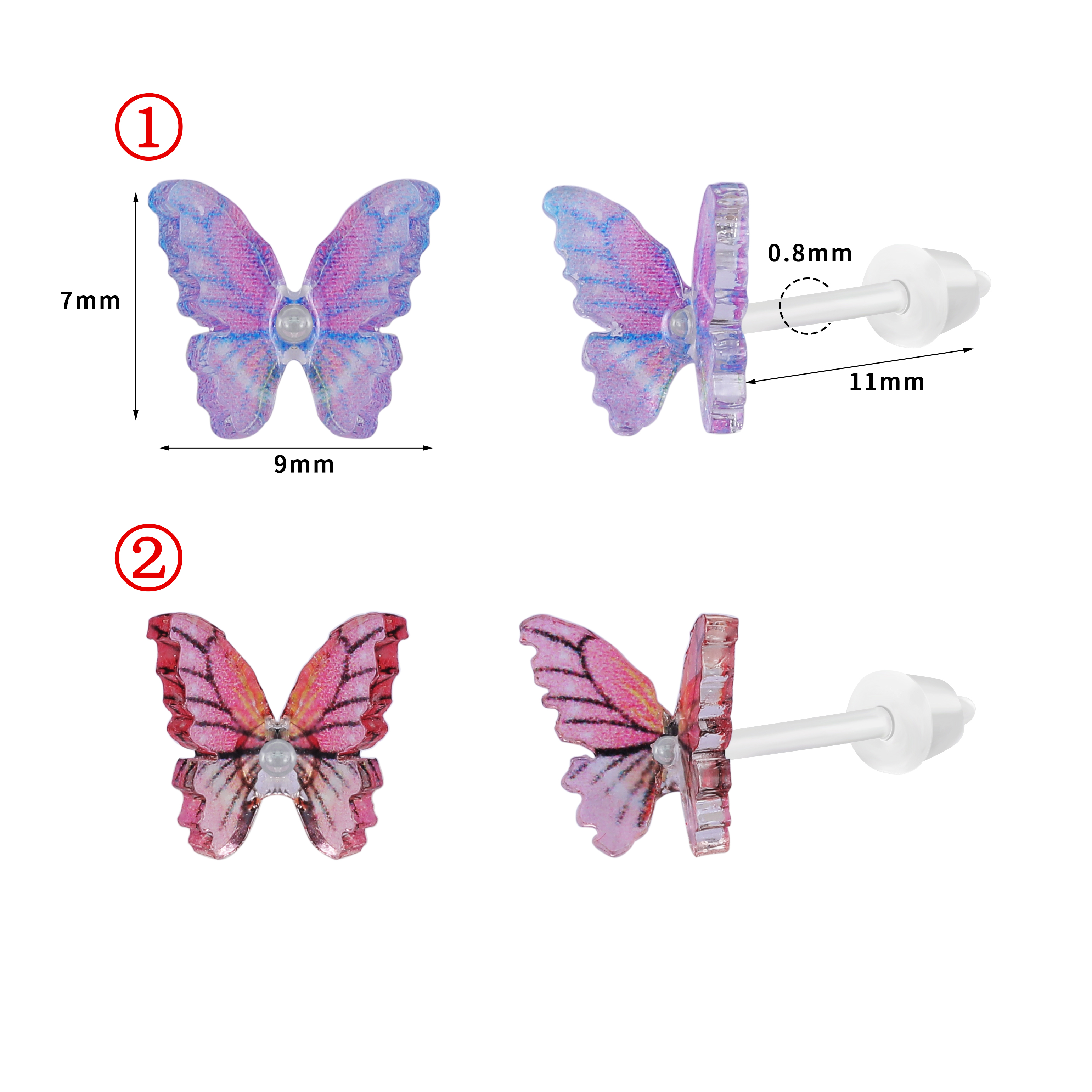 ZS 1 paire de boucles d'oreilles colorées en forme de papillon 20G boucles d'oreilles en acrylique Anti-allergie mignon oreille Cartilage Helix conque piercings: Black / PLAQUÉ ARGENT