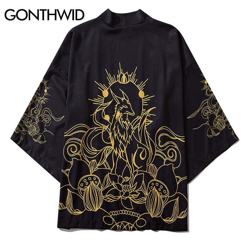 GONTHWID Lotus Bloemen Print Japanse Kimono Vest Jas Jassen Harajuku Hip Hop Casual Losse Tops Streetwear Shirts Jassen