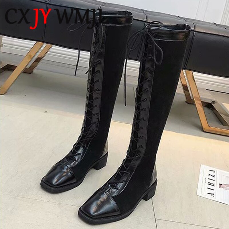 Automne bottes hautes pour femmes dos fermeture éclair microfibre cuir Plus velours chaussures pour femmes talon carré romain chevalier botte grande taille 42