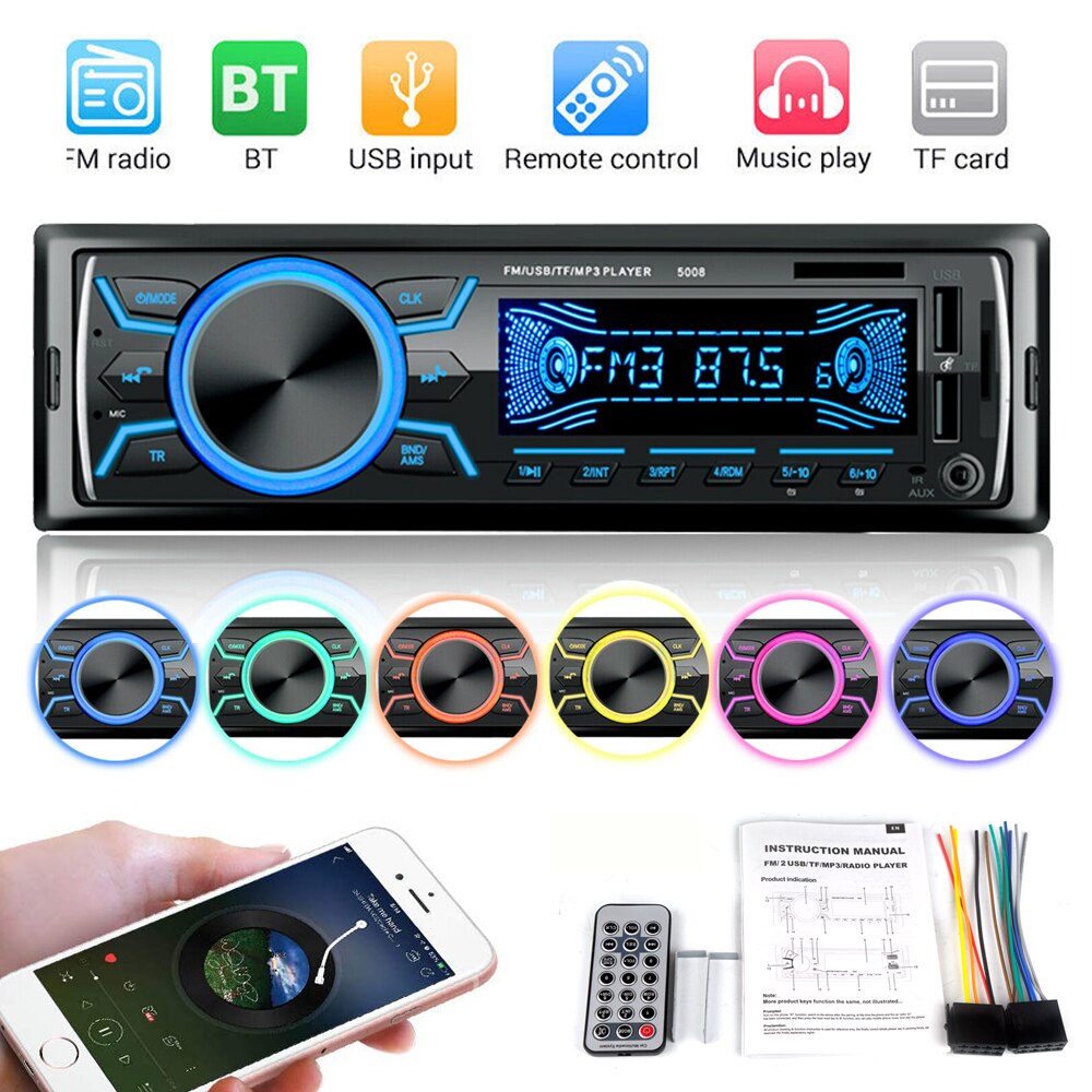 Autoradio 1 Din Bluetooth Stereo MP3 Speler 2 Usb/Tf/Fm Head Unit Non Cd 7 Kleur usb Sd Aux Auto Elektronica In-Dash Autoradio