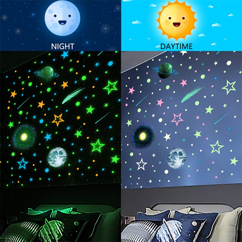 Glow in The Dark Planets Wall Stickers Kids Bedroom DIY Luminous Stars Decals Mural Self-adhesive Room Ceiling Aesthetic Decor