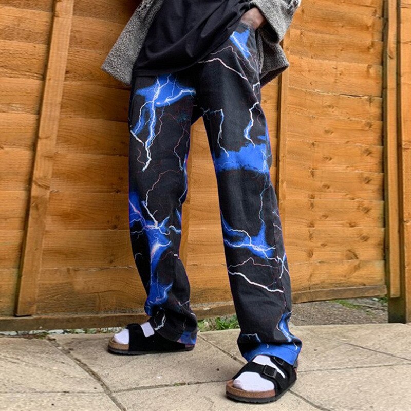 Harajuku Dark Straat Retro Bliksem Casual Broek Lente Mannen Losse Wijde Broek Broek Hip Hop Streetwear joggingbroek: Xxl / Blue