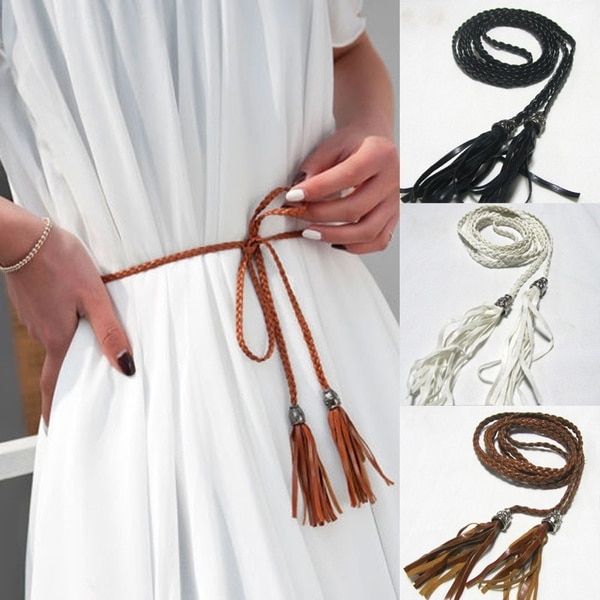 Cinturón de cuerda de cintura estrecha para mujer, sencillo, de cuero PU, con borlas trenzadas, vida diaria, 1 ud.