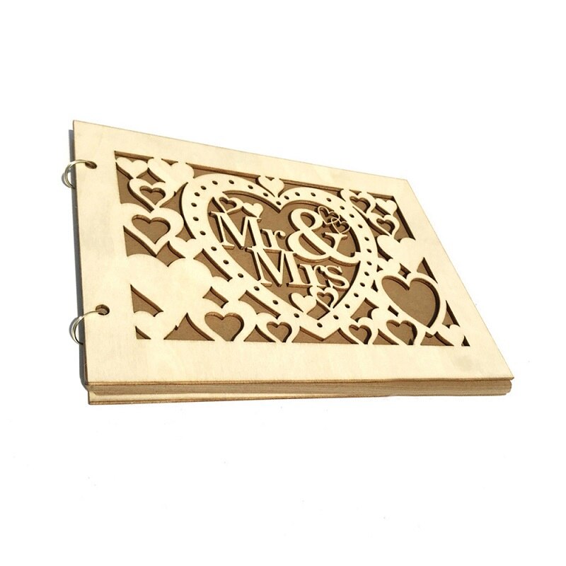 Decoración de madera, libros de invitados de firma hechos a mano, libro de invitados de boda Mr & Mrs Love, libro de firma DIY de madera: B