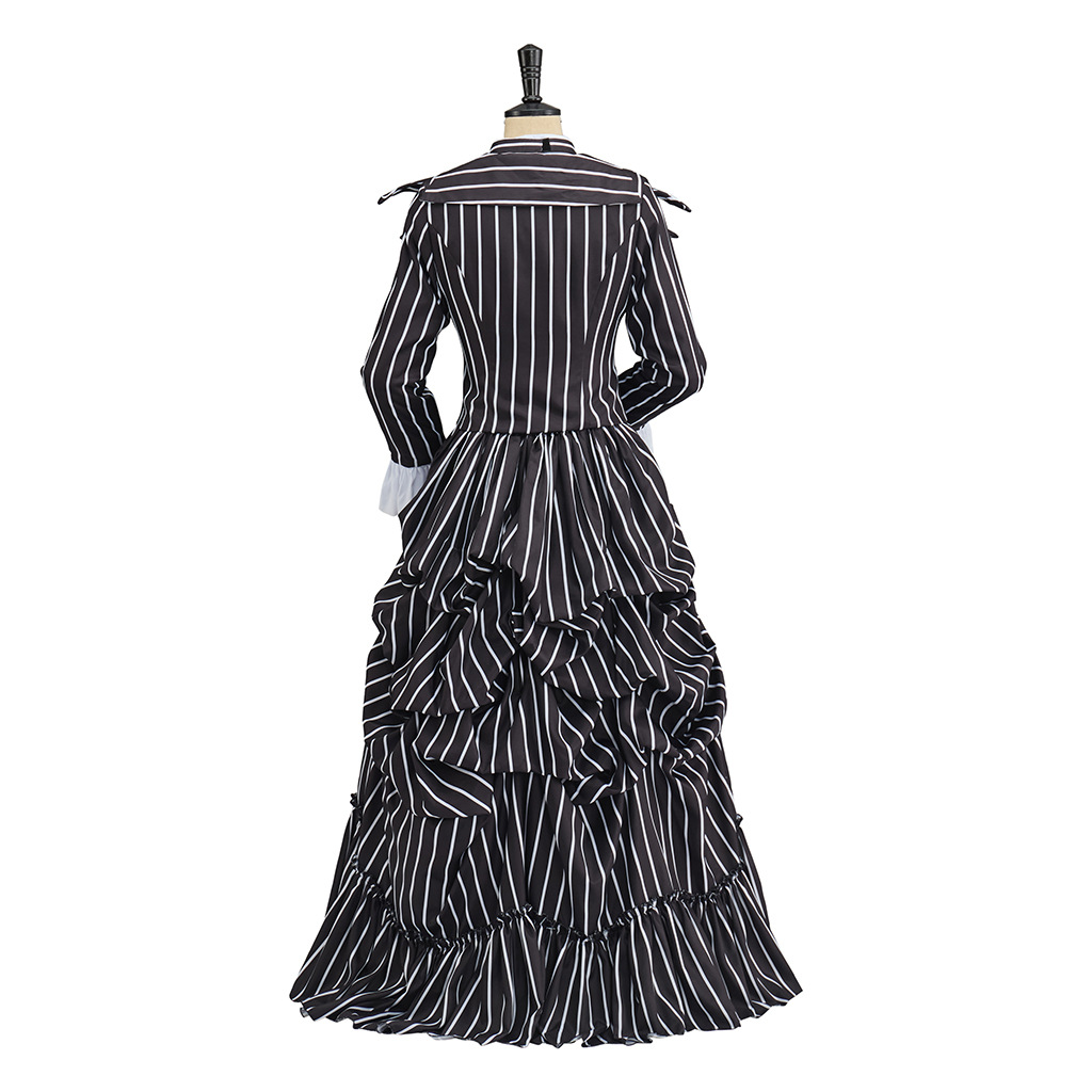 Viktorianisches Edwardianisches Walking-Kostüm für Damen, Gothic, Steampunk, gestreift, Rokoko-Bustle-Kleid, Halloween, Skellington-Verkleidung, Ballkleid
