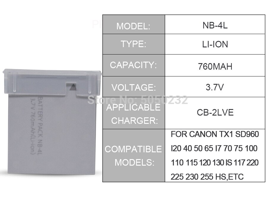 1pcs 3.7V 760mah NB-4L NB4L NB 4L Li-ion Battery For Canon IXUS 30/40/50/55/60/65/80 + Digital Camera CB-2LVE charger
