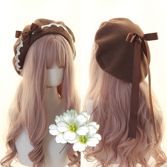 Japanse Meisje Kawaii Baret Hoed Lolita Tiener Hart Zoete Wollen Handgemaakte Leuke Lace Strik Warm Winter Schilder Hoed Hoofdtooi: brown