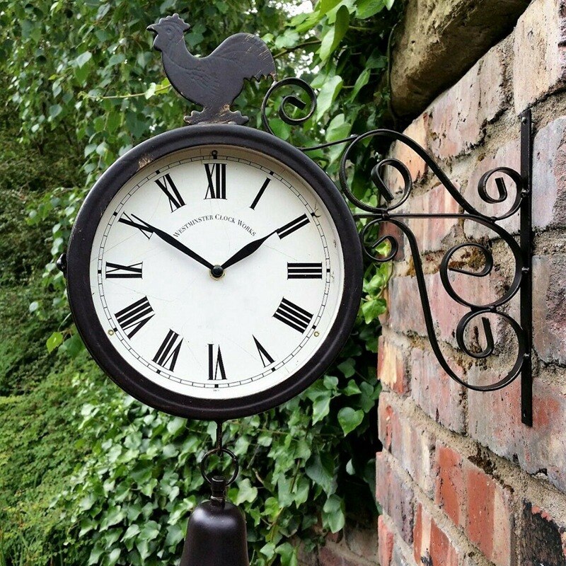 Outdoor Garden Wall Station Clock Double Sided Cockerel Vintage Retro Home Decor