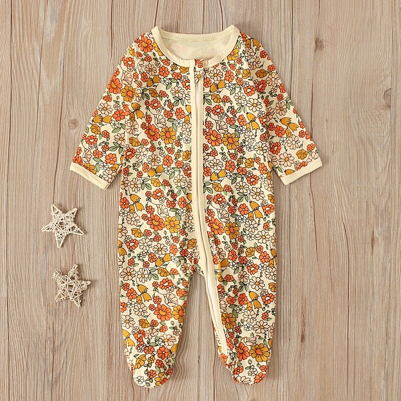 0-12M Leuke Pasgeboren Baby Jongen Meisje Lange Mouwen Rits Bloemen Romper Jumpsuit Met Footies Outfits Katoenen Kleding