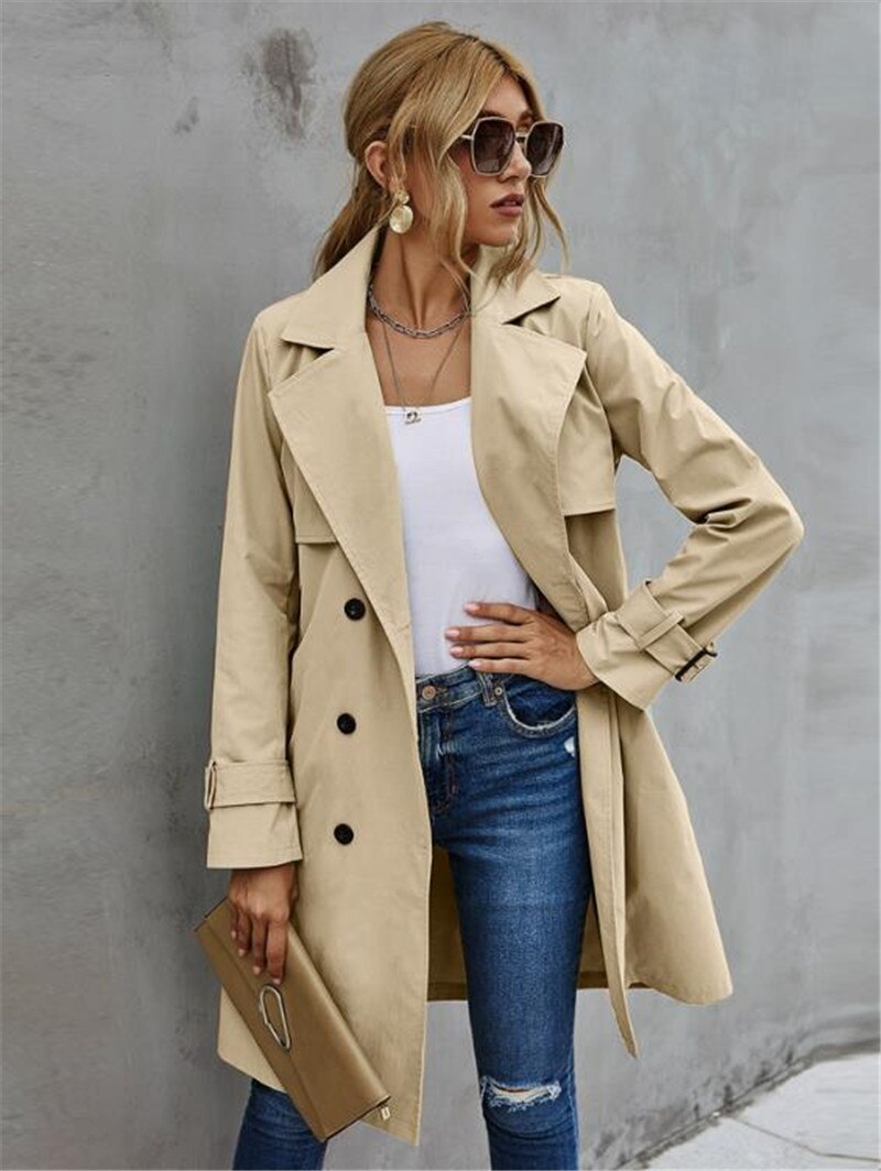 Women Casual Solid Color Coat Adults Autumn Elagant Long Sleeve Lapel NeckDouble Breasted Belted Trench Coat: Khaki / M